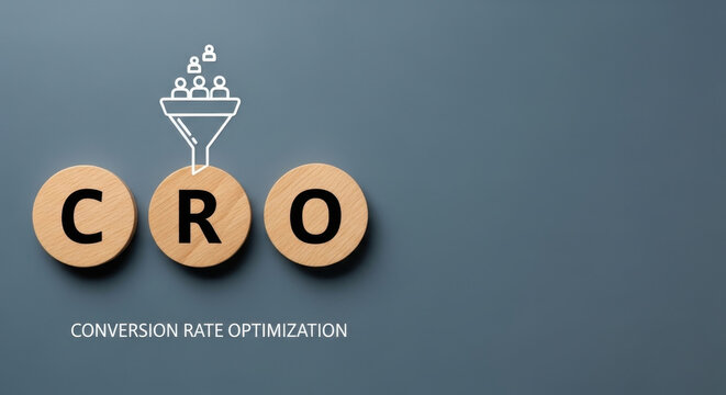 Conversion Rate Optimization, CRO success strategy, marketing funnel, business performance improvement, customer journey metrics visualization, letters CRO on wooden, Copy space blue background
