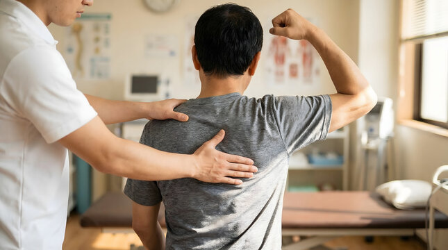 A physical therapist assists a male patient with back and arm rehabilitation exercises in a clinic