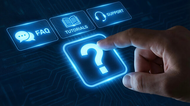 A finger presses a glowing question mark button on a digital interface for help