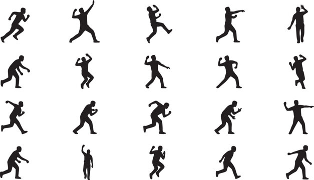 Professional Cricket Bowling Styles and Delivery Mechanism Silhouette Icon Collection.