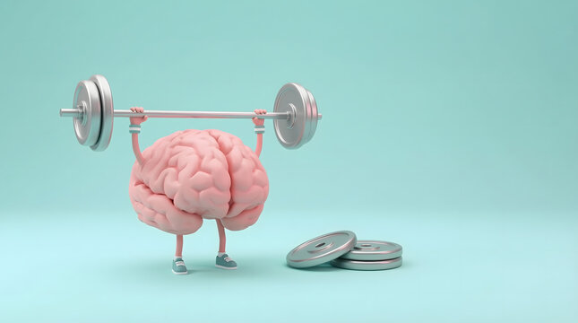A cute pink brain character lifts a heavy barbell demonstrating mental strength and intelligence training