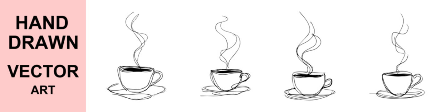 Hand drawn steaming coffee cup vector sketch illustration minimal line art hot drink mug isolated elegant simple design cafe beverage icon set
