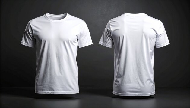 Two white t-shirts on display facing forward and backward on a dark background