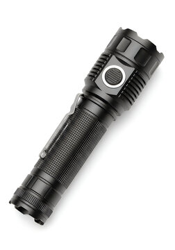 Black tactical flashlight with a white ring