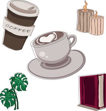 Cozy lifestyle elements set, hand drawn stickers of coffee cup, candles and book with offset countour