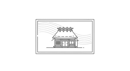 Naklejka premium Traditional Japanese House Outline Icon with Thatched Roof and Scenic Background