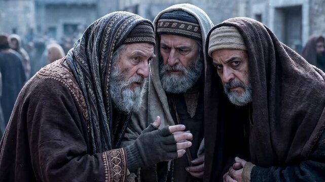 Ancient religious scholars whispering suspiciously on a street