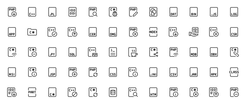 Web Apps Coding Files icon set. Minimal vector icons pack. Includes symbols for download, upload, programming, files, edit, search, firewall, server and more. Editable stroke.