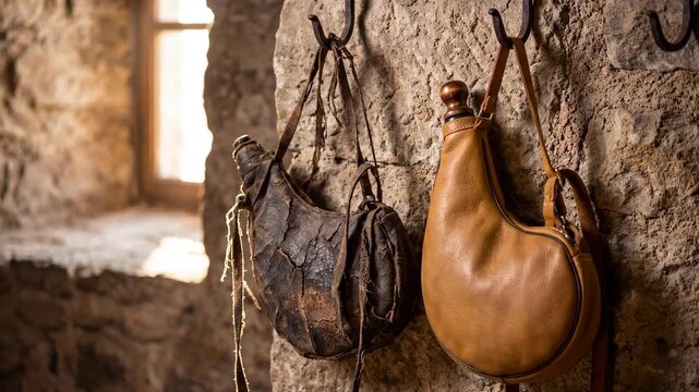 Close up of old and new leather wineskins on a stone wall