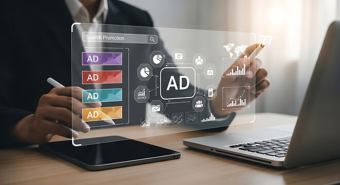 Business professional managing digital advertising campaigns using a futuristic holographic interface with data analytics and marketing dashboard icons on desk