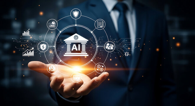Professional businessman holding glowing artificial intelligence bank icon digital interface for modern financial technology and data security solutions management