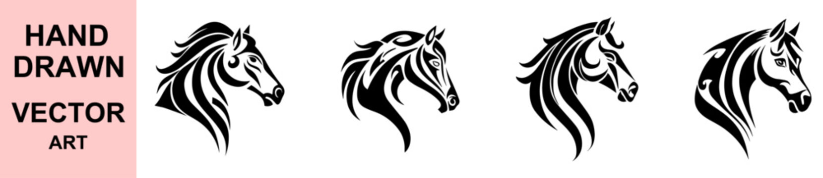 Hand drawn horse head vector logo set elegant equine portrait silhouette black white minimal line art modern branding icon isolated background design