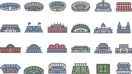 Stadium icons set, sports arenas and venues architecture line illustration © Md