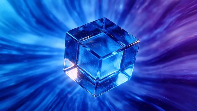 Transparent glass cube refracting light on blue purple radial background