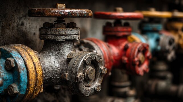 Industrial Valves in Row: A close-up, gritty perspective showcases a line of colorful, weathered industrial valves, hinting at complex machinery and robust infrastructure.