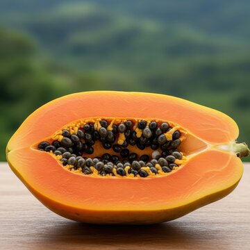 Freshly Cut Papaya Fruit with Black Seeds on Table.