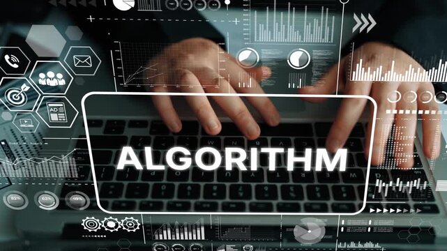 Hands Typing on Laptop with Algorithm Graphics and Data Visualization Background for Technology and Business Themes. Asymptotic smart data analytic.