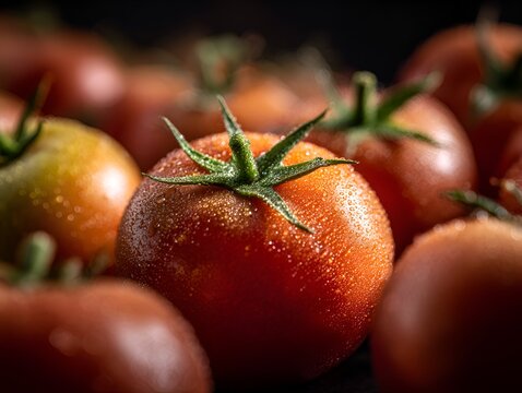 Freshly picked ripe red tomatoes glistening with water droplets are beautifully arranged in a close up for a healthy food display.
