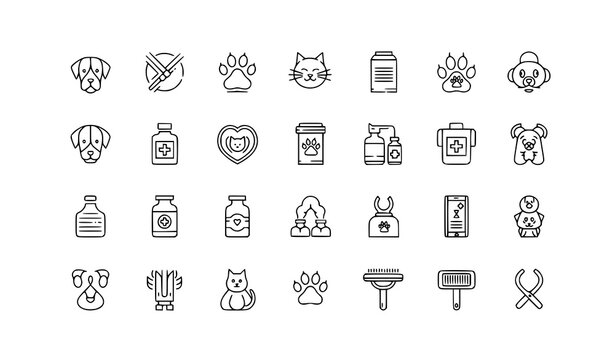 Minimal pet icons set veterinary care dog cat paw vaccine outline vector eps10