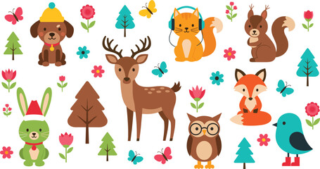 Naklejka premium Cute Woodland Animal and Flower Set with Bunny, Deer, Fox, Owl, Squirrel, and More, Cartoon Style Forest Animal Vector Illustrations