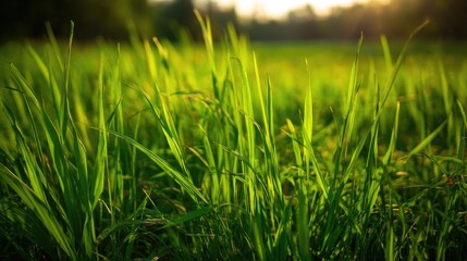 Obraz premium shallow. Lush green spring grass field bathed in morning sunlight, evoking freshness. travel magazines, destination branding, designed for travel destination branding, used by project managers.
