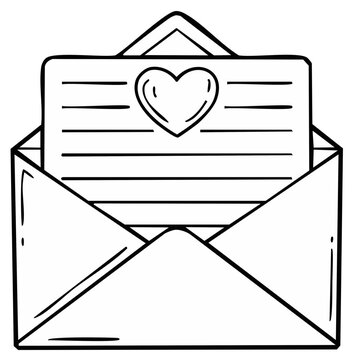 Hand Drawn Envelope with Heart Note Outlined for Romantic Correspondence and Affectionate Sentiments