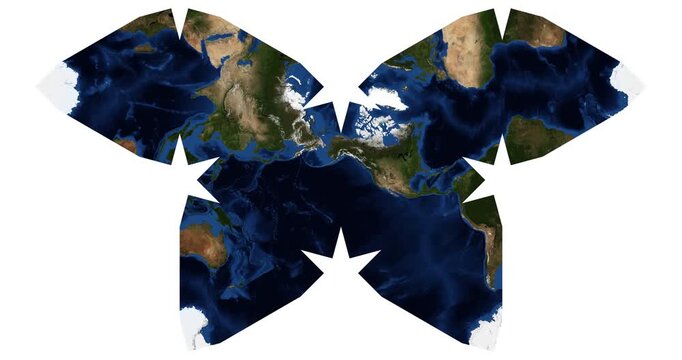 World Map in Waterman Butterfly Projection. Animated longitude shift and rotation. High detail physical Earth map. June View. Elements of this video furnished by NASA.