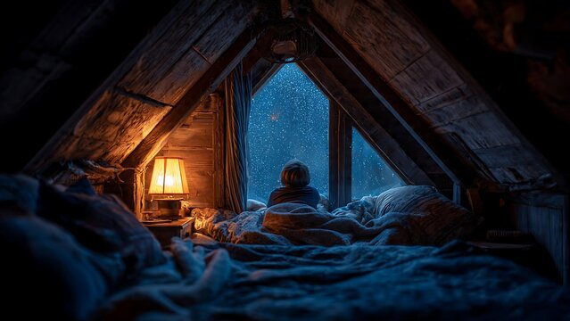 A young boy sits wrapped in thick blankets on a cozy bed inside a rustic wooden attic looking out a triangular window at a glowing starry night sky. Warm orange light from a small