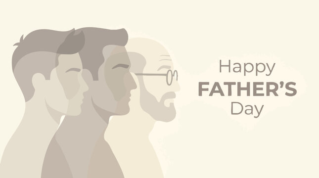 Minimalist vector illustration of three generations of men in overlapping profile silhouettes celebrating Happy Father's Day on a neutral background.