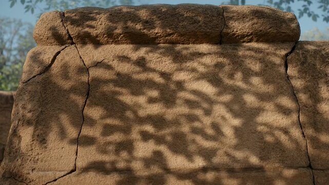 Close-up of a textured ancient stone wall with dappled tree shadow patterns casting intricate designs across its surface