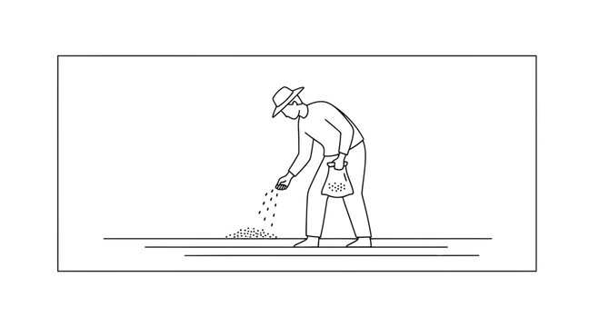 Farmer sowing seeds by hand in a field, agricultural work, spring planting, line art illustration