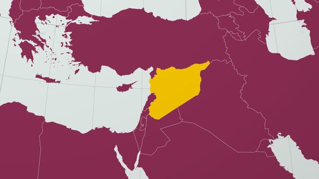 Syria map. Animated zoom into the country on the Globe in Pale Mint Dark Pink color palette. Country logo animation with round text and airplanes. Map with meridians, parallels. Appealing video.