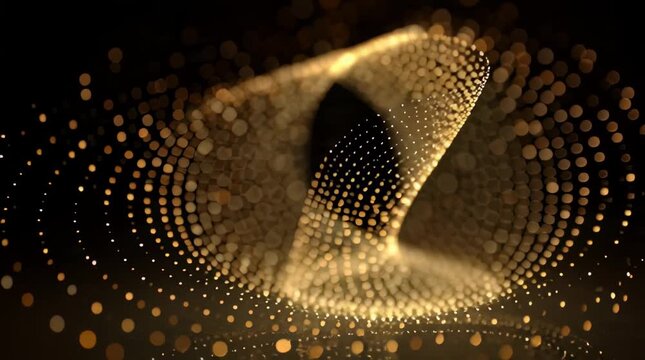 A golden LED display features a 3d metallic grid pattern with glowing halftone dots and a circular mesh design set against a black technology backdrop