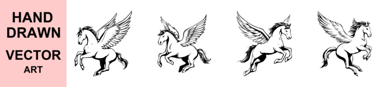 Hand drawn winged horse pegasus vector illustration set mythical flying horse collection black and white line art fantasy creature design isolated on background