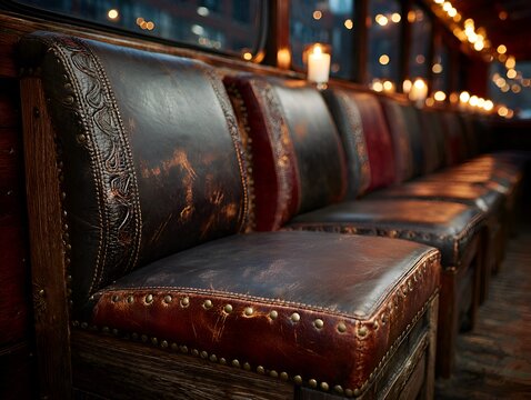 Vintage leather booth seating with decorative metal studs and ornamental details lines a dimly lit bar or restaurant interior elegantly.