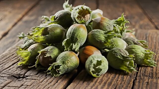 Freshly Harvested Green Hazelnuts Pile on Rustic Wooden Table.