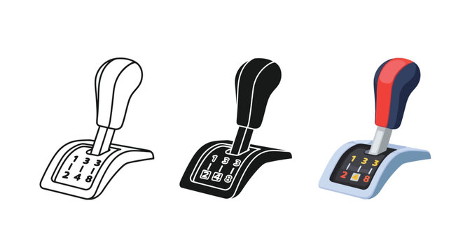 A detailed vector graphic illustration depicting three styles of a car gear shift lever for automotive design concepts or manual transmission vehicle elements.