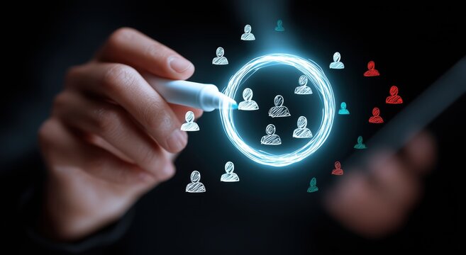 a close up, dark toned image showing a person's hands the left hand is holding a white stylus, drawing a glowing blue circle on a dark background inside the circle are white silhouettes Generative AI