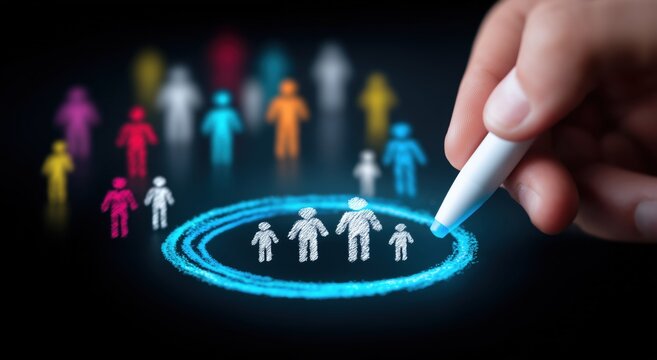 a person's hand with a white stylus is depicted, actively drawing a vibrant blue circular outline on a dark interface inside this circle, a cluster of white stick figure icons Generative AI