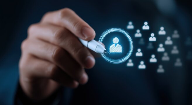 the image showcases a dark skinned hand, wearing a dark blue suit jacket sleeve, holding a sleek white stylus actively drawing a bright blue glowing circle minimalist person icons Generative AI
