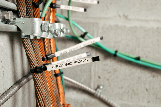 Electrical grounding and bonding busbar system. Close up. Labeled grounding rods in electrical room. Copper conductors, clamps, and grounding electrodes mounted on wall. Selective focus.