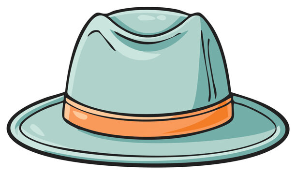 Cartoon illustration of a light blue classic fedora hat with an orange band
