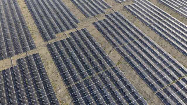 Aerial view of the Zonnepark Braambergen solar farm featuring rows of photovoltaic panels installed on sandy terrain in Almere, Flevoland, Netherlands.