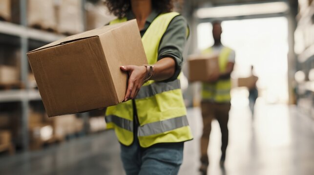 Warehouse employees move boxes between storage racks