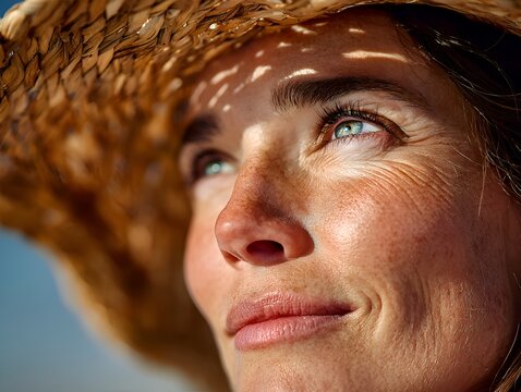 A beautiful woman with freckles gazes upward wea a straw hat which casts shadows on her face on a sunny day outside du summer.