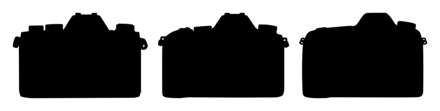 Digital camera set with black silhouette on white background featuring camera, lens, shutter with monochrome and photography