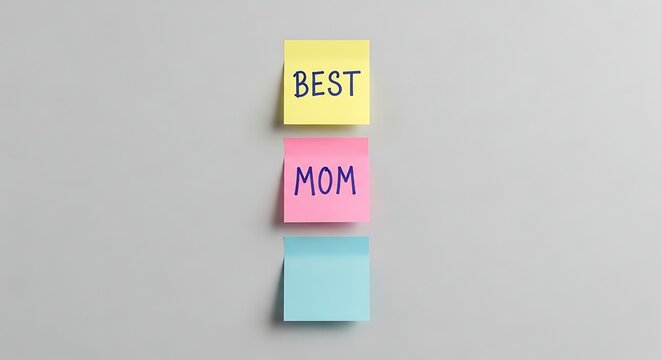 Three colorful sticky notes arranged vertically on a plain grey wall with text best mom.