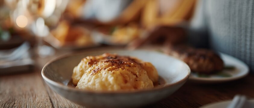 Mashed potatoes with crispy topping in shallow bowl