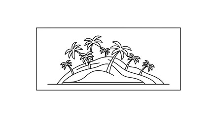 Obraz premium Tropical Island Paradise: Lush Palm Trees on Rolling Hills, Minimalist Line Art