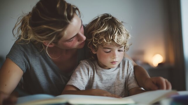 Close-up of mother and child reading a book